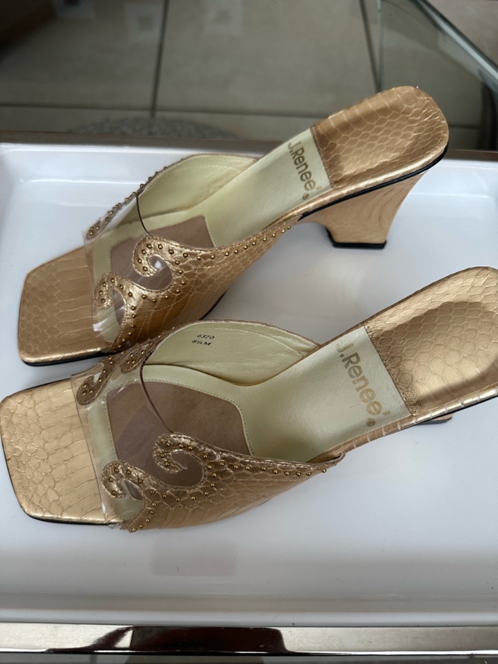 J.Renee Metallic Gold Clear Strap Mule Heels - Picture 5 of 10